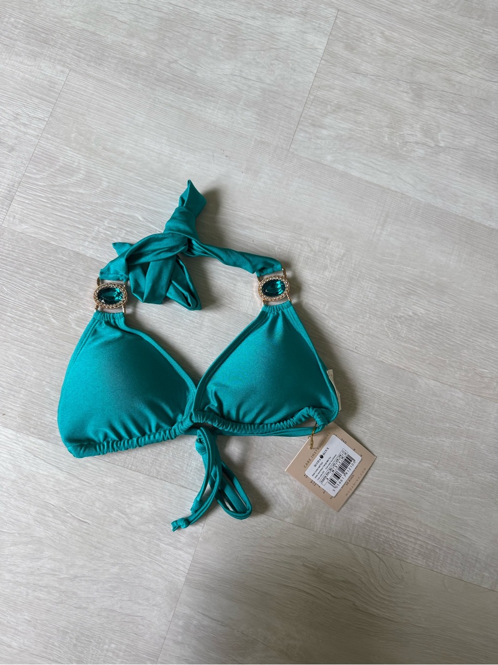 Teal Halter Bikini Top with Gold Accent Rings